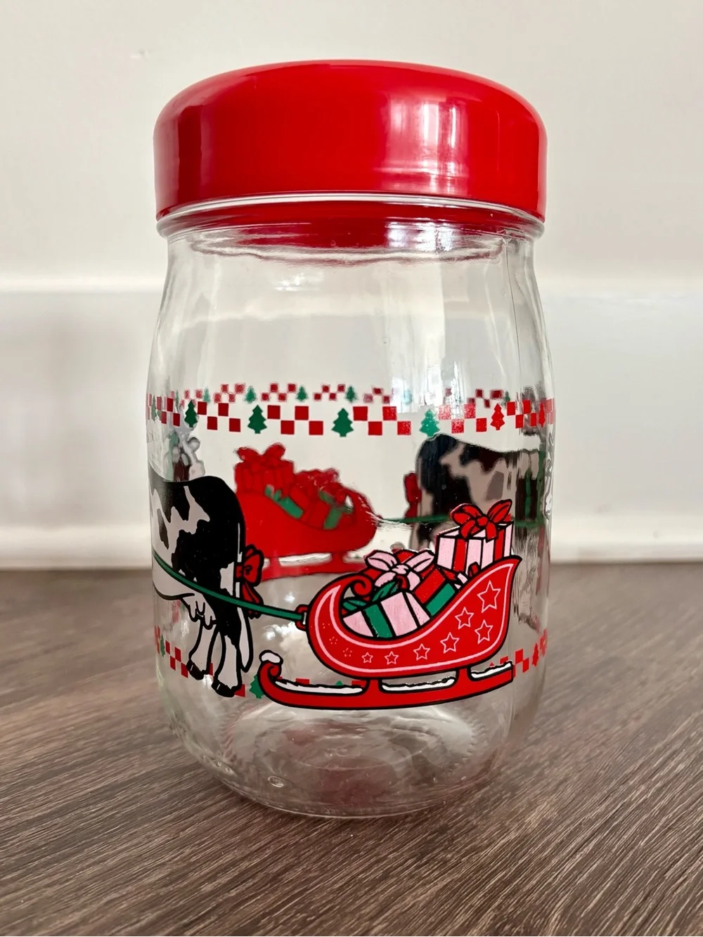 Vintage—Cow Holiday Christmas Glass Jar (1L, Red Lid) Made in France